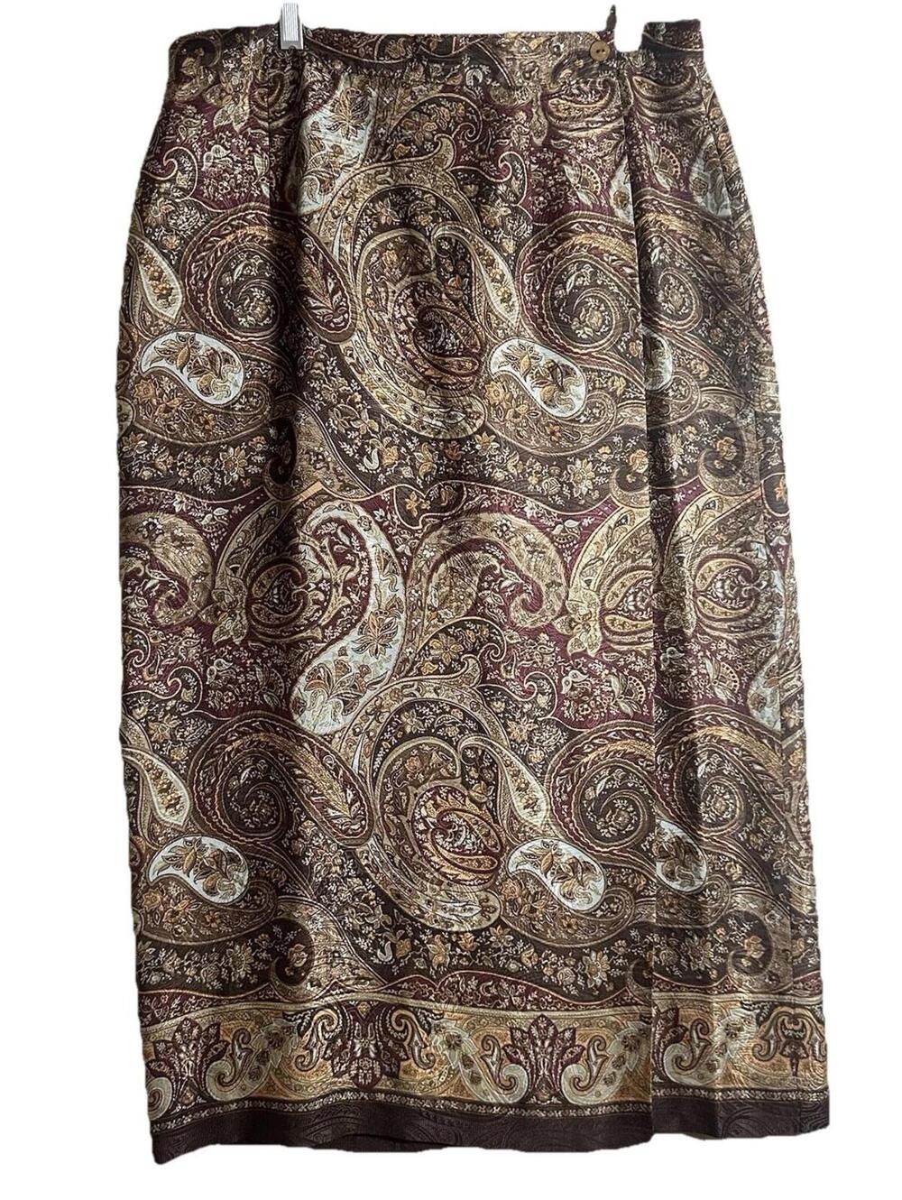 Vintage TALBOTS Paisley Wrap Skirt Silk Brown Maroon Boho Maxi Jacquard Size 16